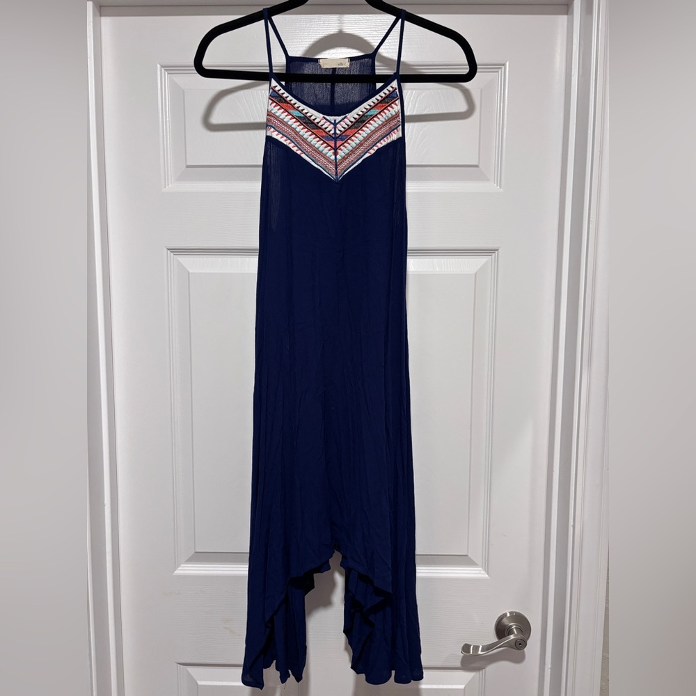 0132- Jella C Navy Boho Embroidered High Low Maxi Dress S